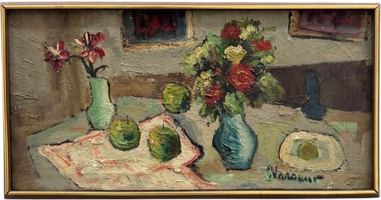 Mid-Century French School Modernist Still Life With Flowers Heavy Impasto Signed