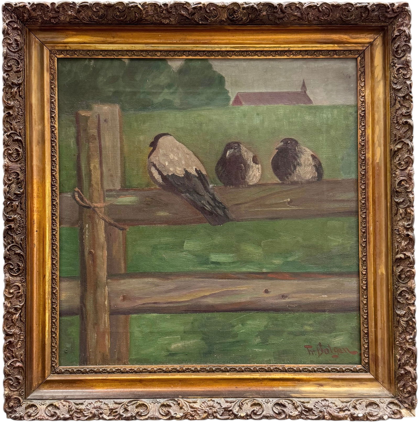 European School Oil Painting Of Birds On A Fence Post Signed In Gold Gesso Frame (1 of 4)