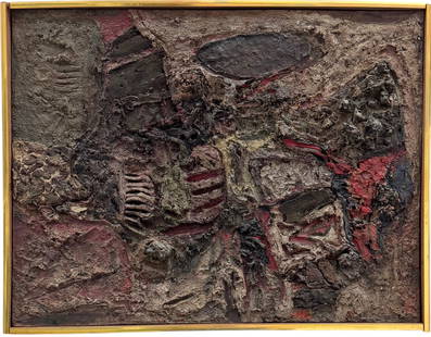 Mid-Century Heavy Thick Impasto Texturized Mixed Abstract Oil Painting 1963: Thick layered oil on board 27 x 21 in (framed). Domestic Flat Shipping Price: $90