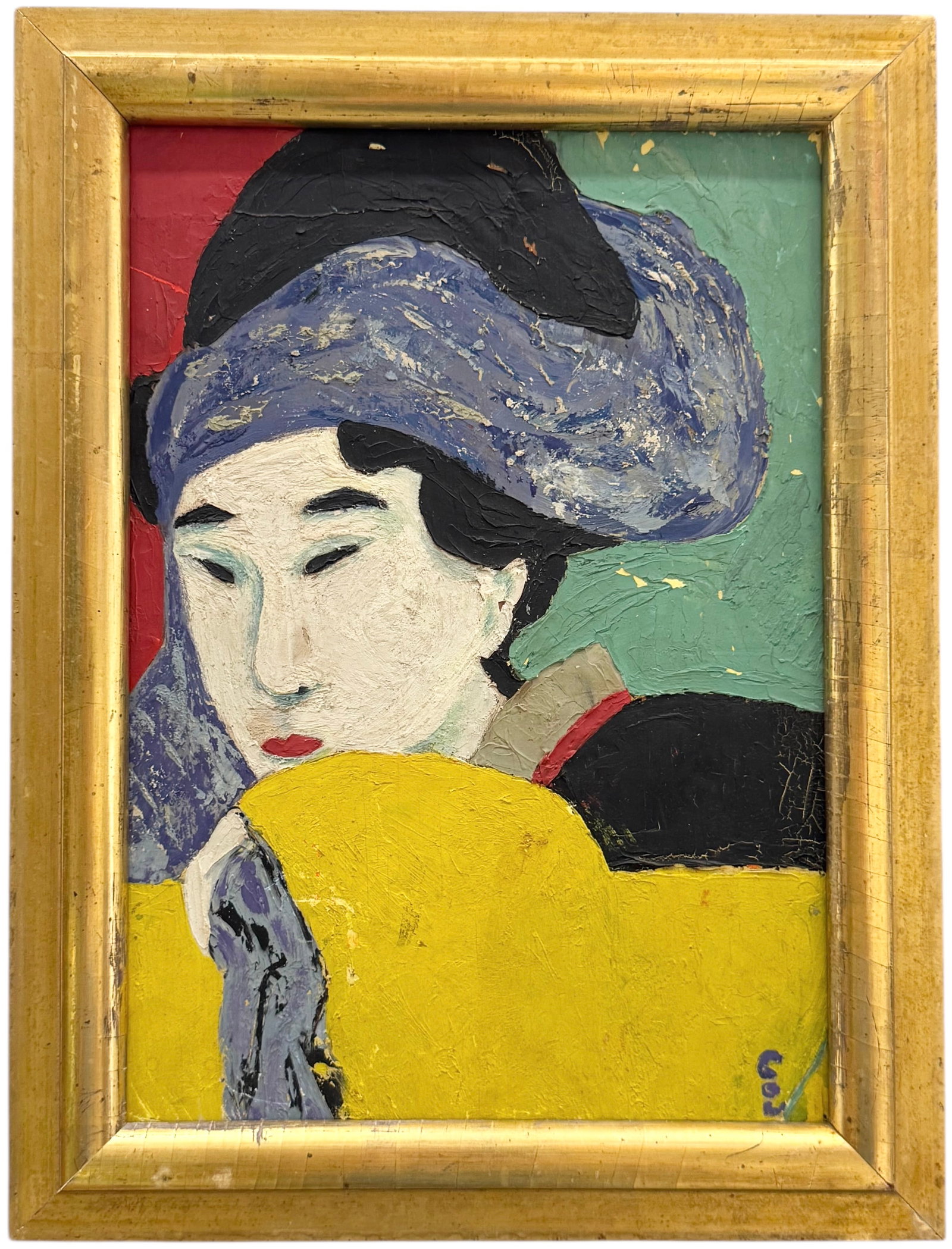 1950's Mid-Century Modernist Oriental Portrait Signed Oil Painting "Hummingbird": Oil on board 12.5 x 16 in. Domestic Flat Shipping Price: $55
