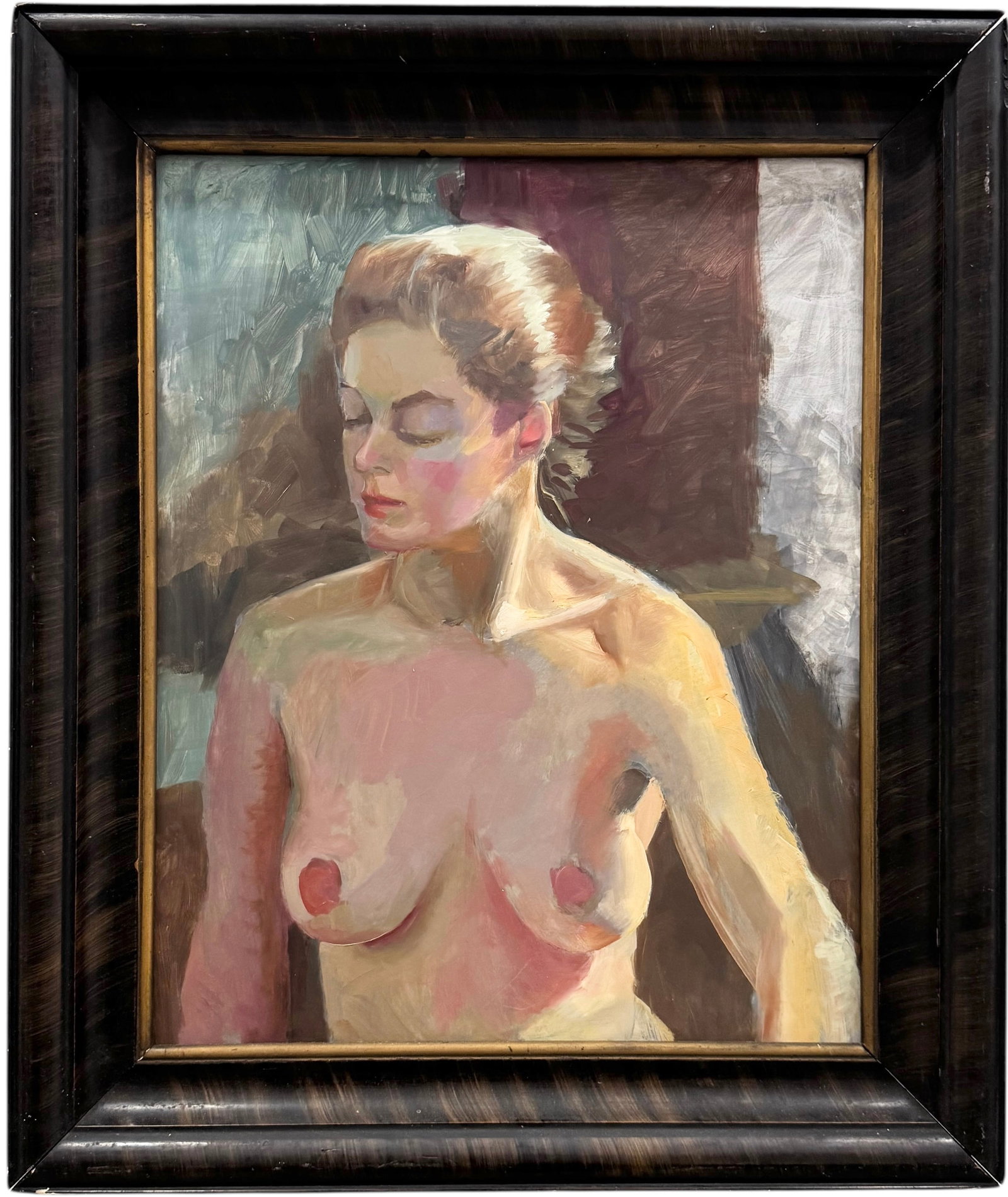 Nicely Framed Vintage American School Nude Oil Painting: Oil painting on board 25 x 21 in (framed). Domestic Flat Shipping Price: $80