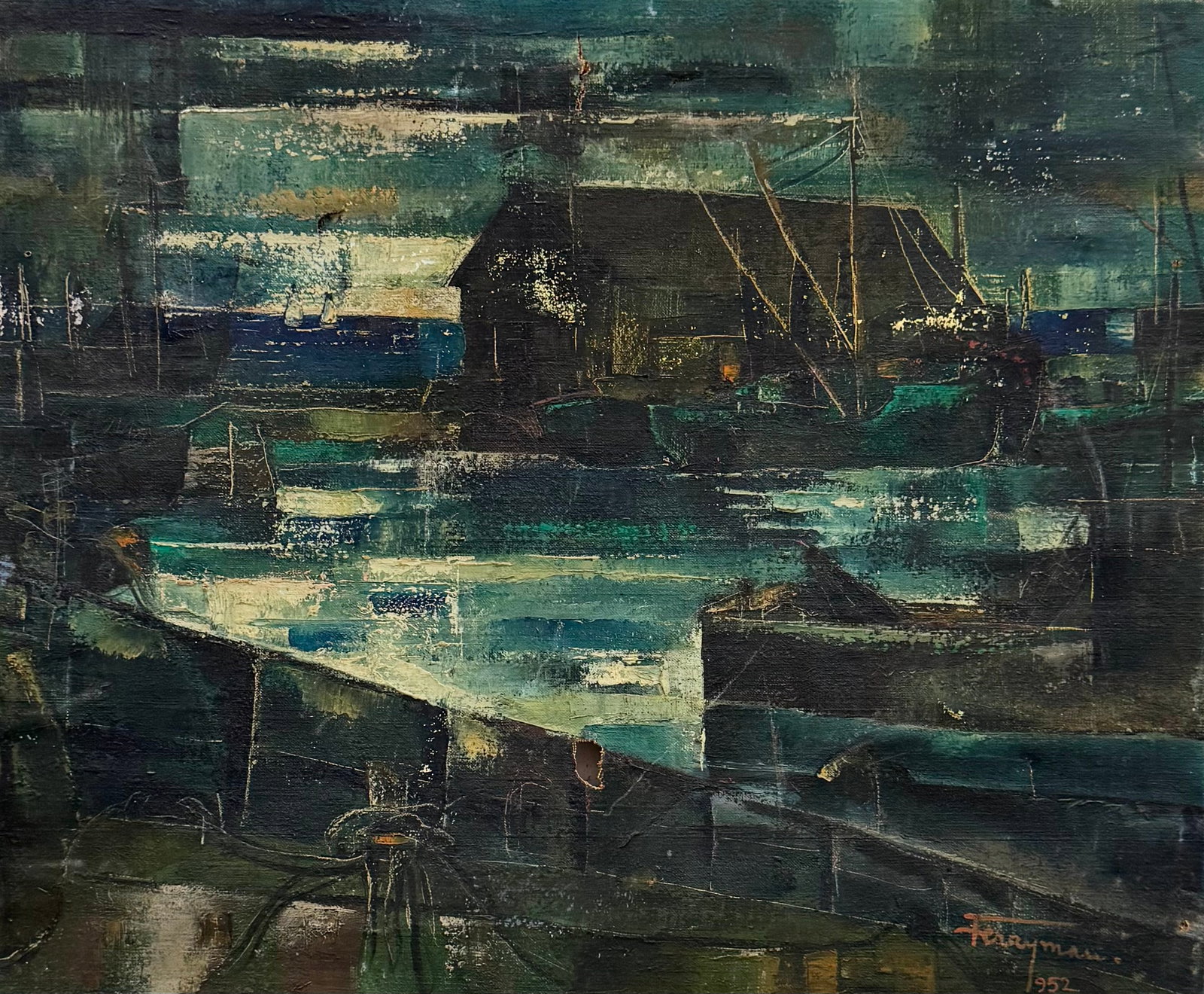 FRANCIS FERRYMAN (1893-1983, Hungarian American) Mod Harbor Scene Nightscape: Oil on canvas 24 x 20 in. Domestic Flat Shipping Price: $65