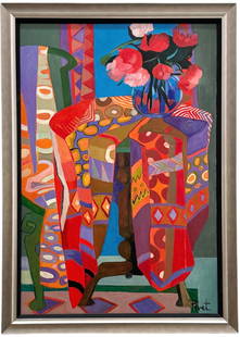 PIERRE PIVET (b. 1948, French) Large Colorful Still Life Painting: Oil painting on canvas 44 x 30 in, 49 x 35 in (framed). *Oversized item. Domestic Flat Shipping Price:$320