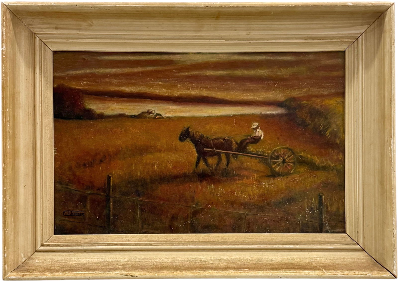 EDNA CHAUSER Horse & Buggy American Southern School Painting, Miami Woman Artist: Nicely presented oil painting on board 17 x 11 in,22 x 16 in (framed). Her name comes up in in the Smithsonian database, as well "The Papers of Josef and Anni Albers". Domestic Flat Shipping Price: $7