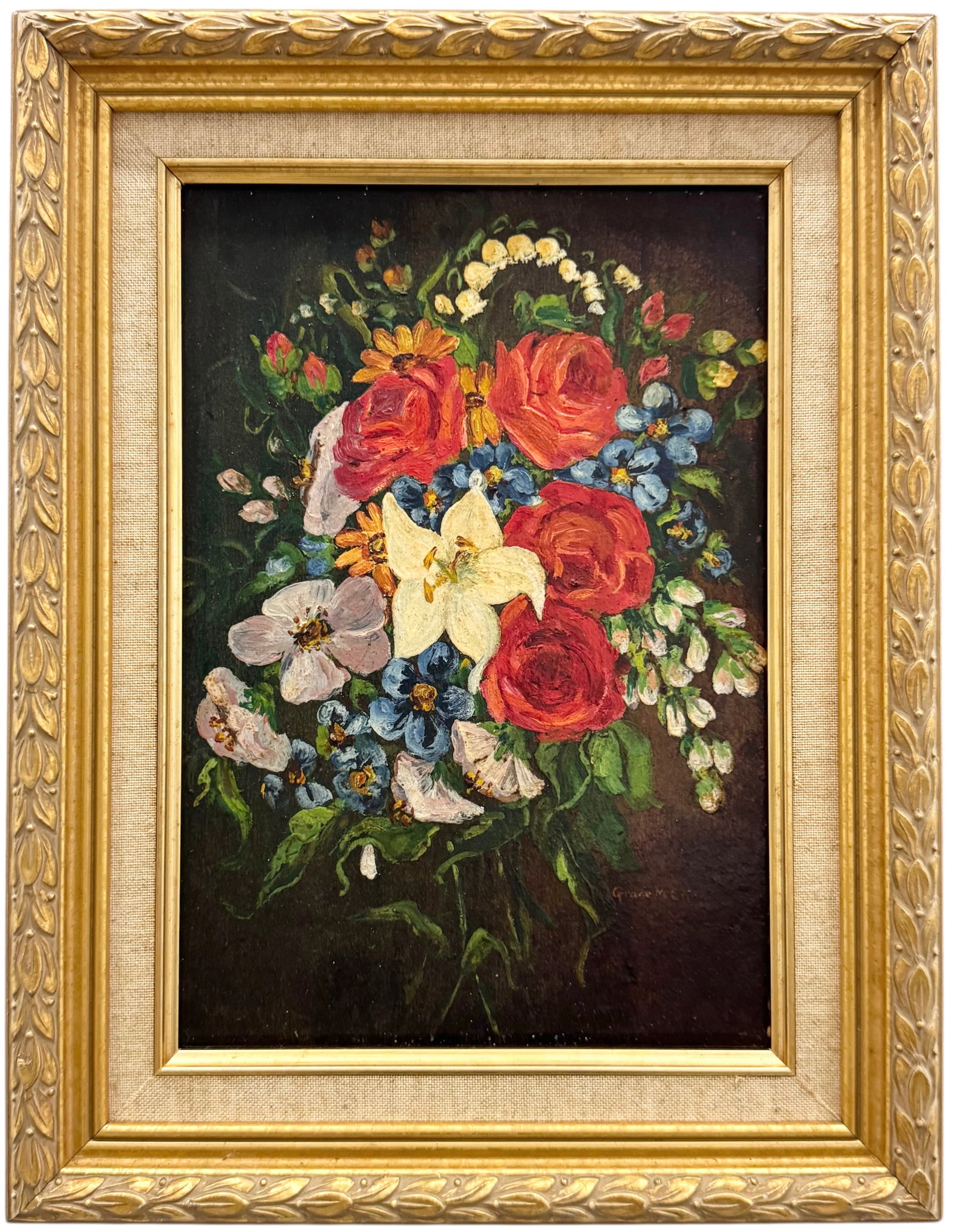 Early 20th Century Floral Oil Painting On Board Signed: Oil on masonite 14 x 10.5 in (framed). Domestic Flat Shipping Price: $45