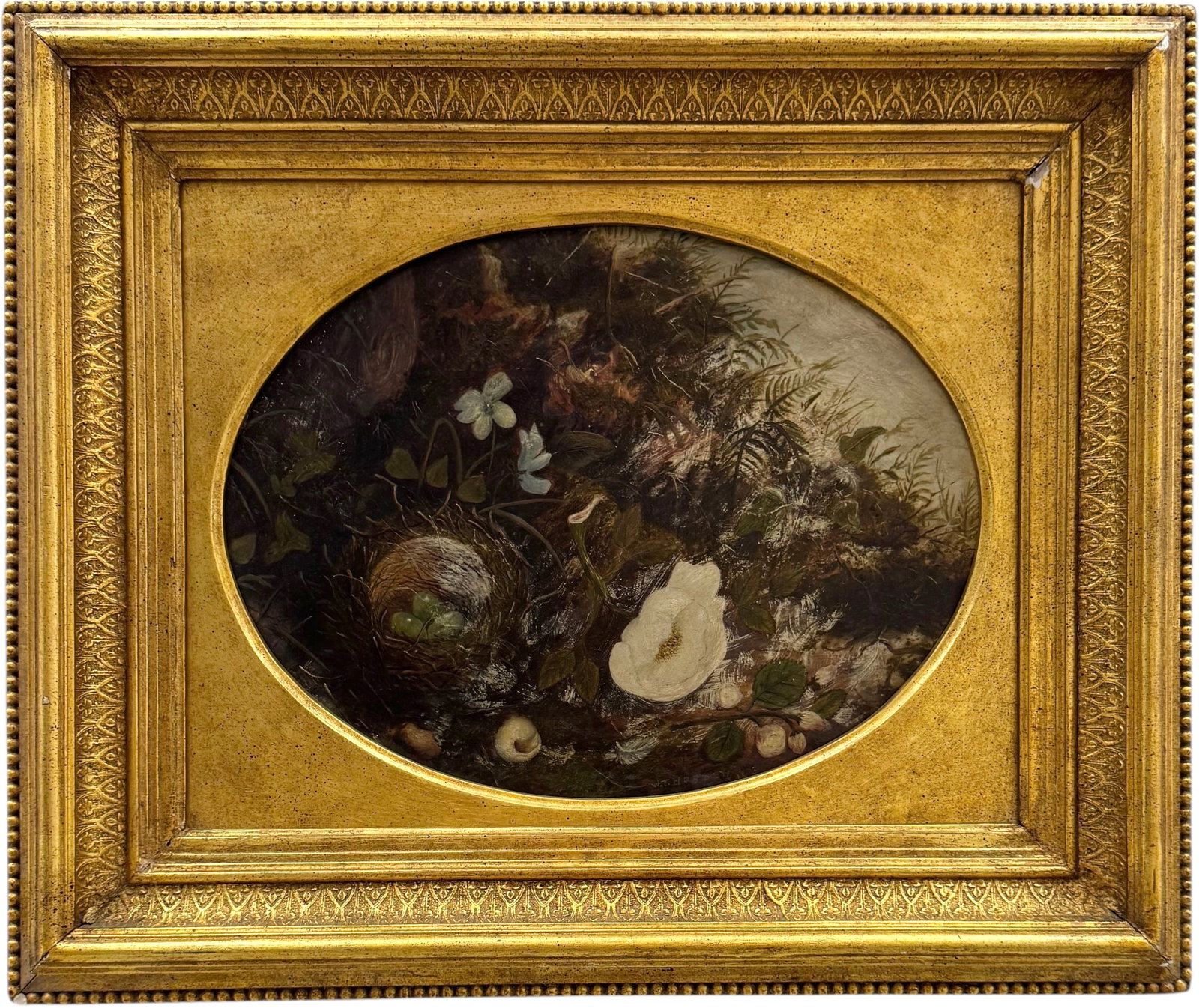 19th Century English School Floral Painting In Period Frame: Oil on panel 12 x 10 in, 20 x 17 in (framed). Domestic Flat Shipping Price: $70