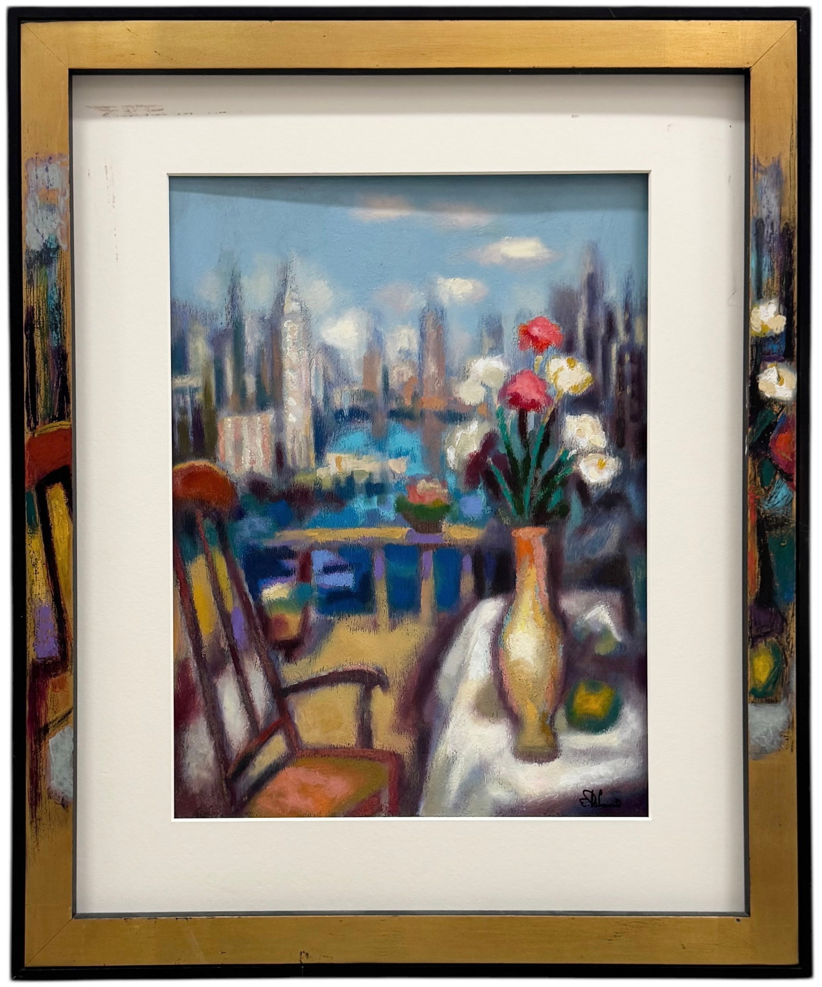 Contemporary Signed Painting Of New York City View Of Manhattan: 23 x 17 in, 34.5 x 28.5 in (framed). Domestic Flat Shipping Price: $90