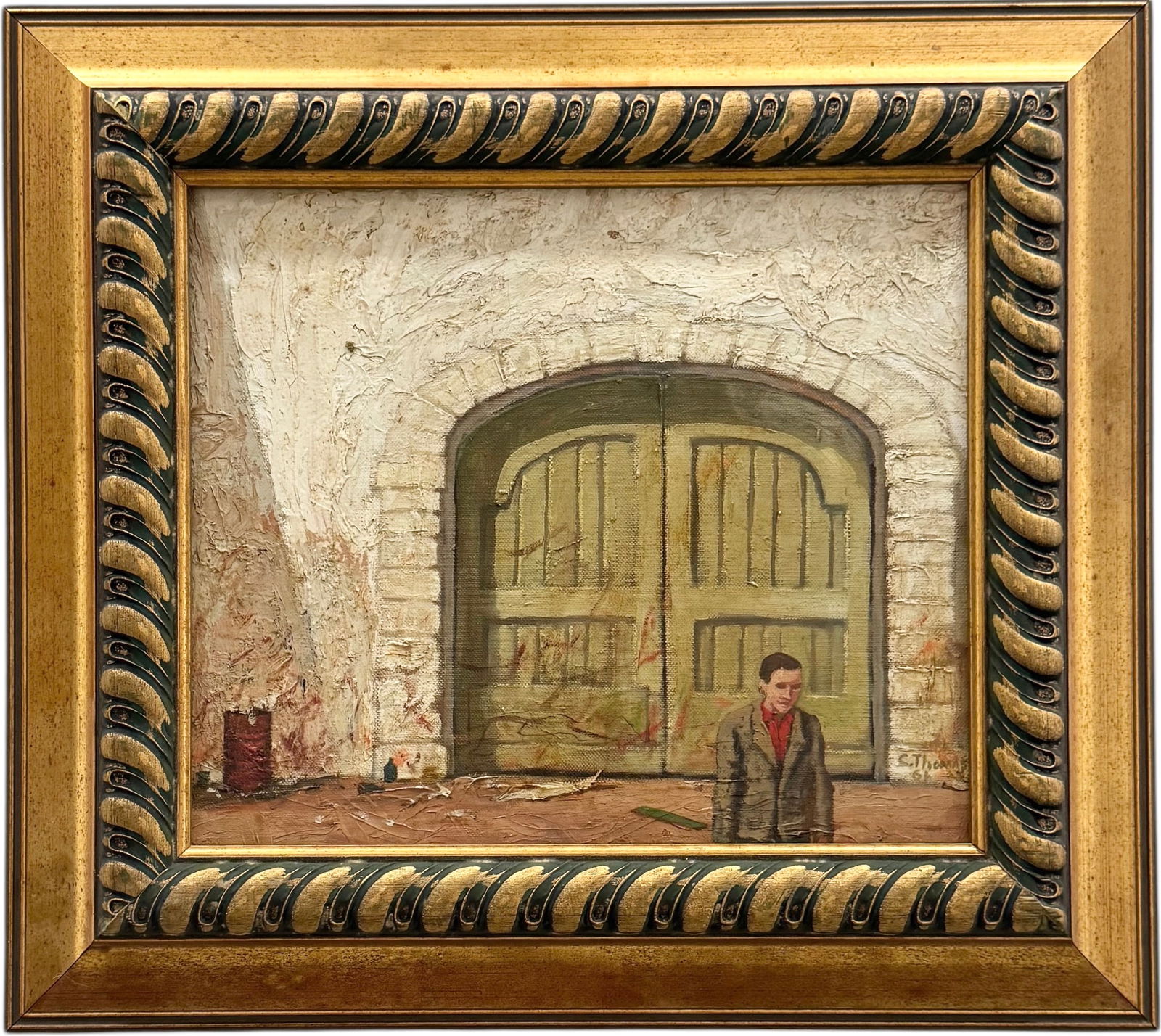 Vintage Mid-Century Architectural Street Scene With Figure Signed Oil Painting 1961 (1 of 3)