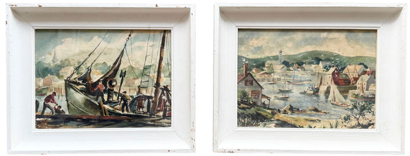 CHARLES LIND Pair Of American Rockport School Harbor Scene Watercolors (1 of 6)