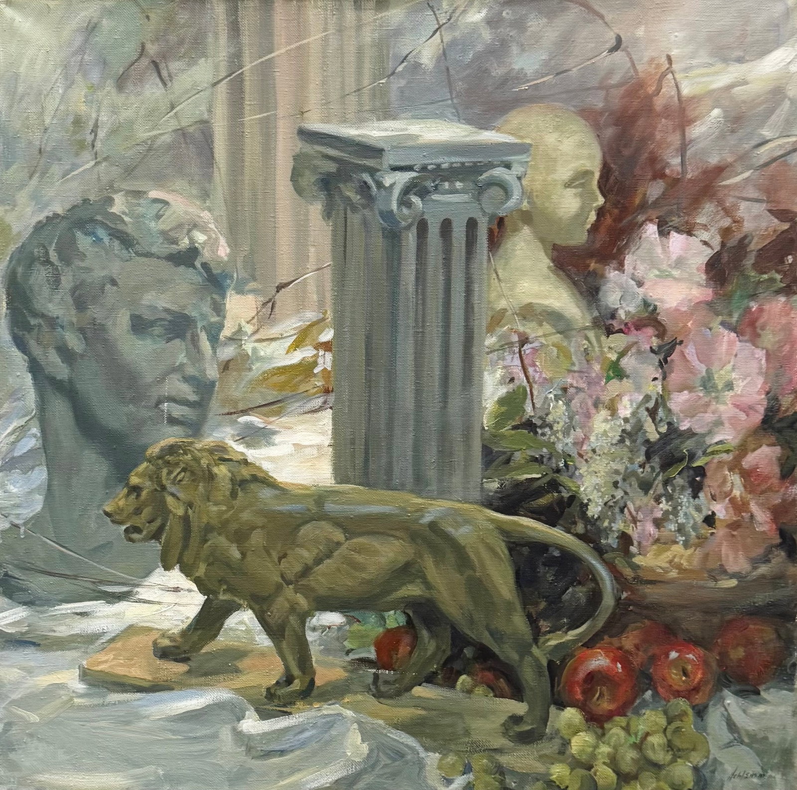 European School Signed Still Life With Column & Lion, Garden Sculptures: Oil on canvas 35.5 x 35.5 in. Domestic Flat Shipping Price: $130