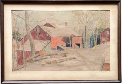 "The Old Mill" American School Watercolor Signed Skillings