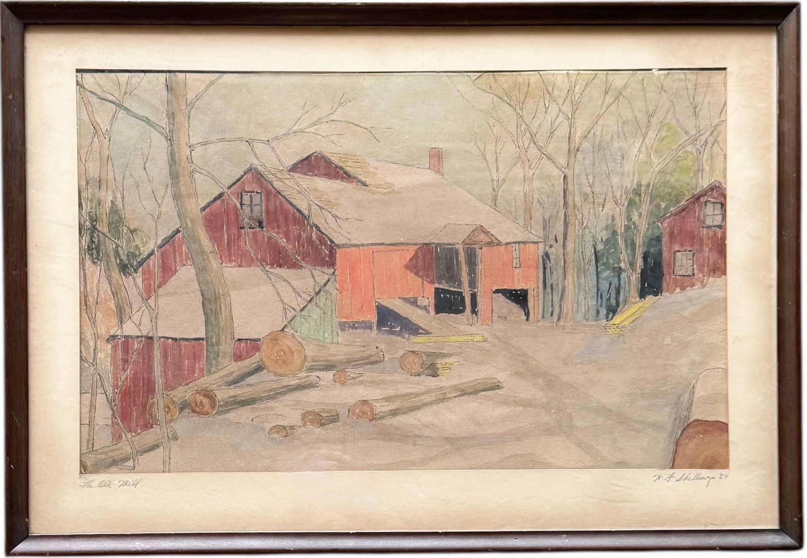 "The Old Mill" American School Watercolor Signed Skillings (1 of 4)