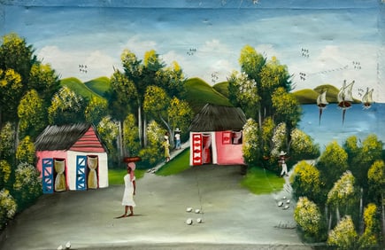 Haitian School Village Landscape Primitive Signed Oil Painting