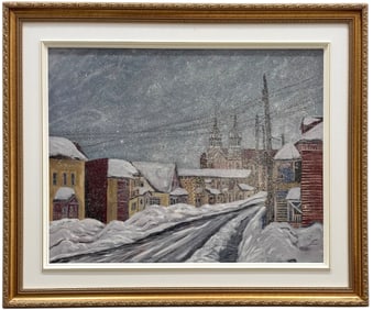 Snowy Winter Cityscape Street Scene Oil Painting, Possibly Canadian