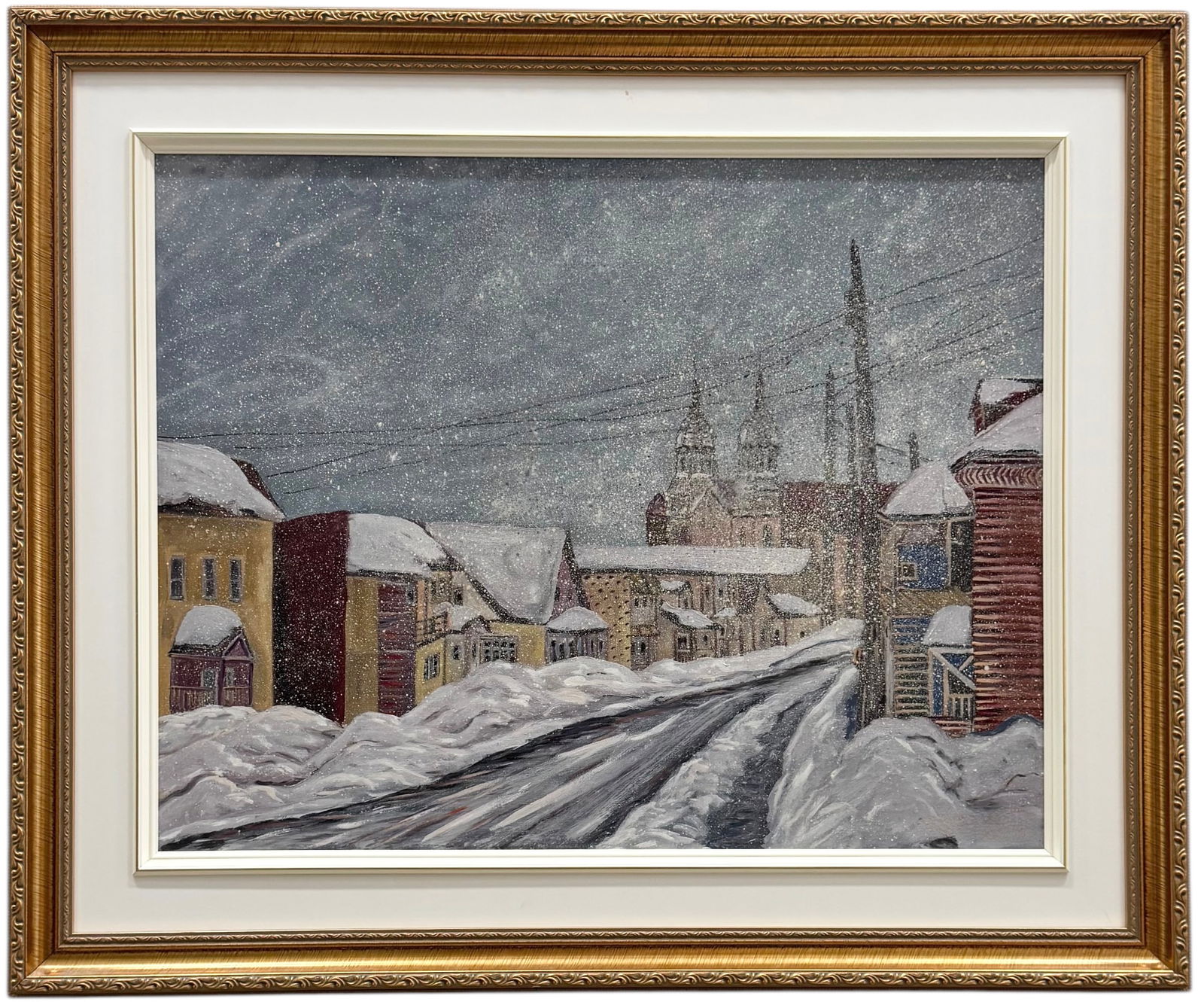 Snowy Winter Cityscape Street Scene Oil Painting, Possibly Canadian (1 of 3)