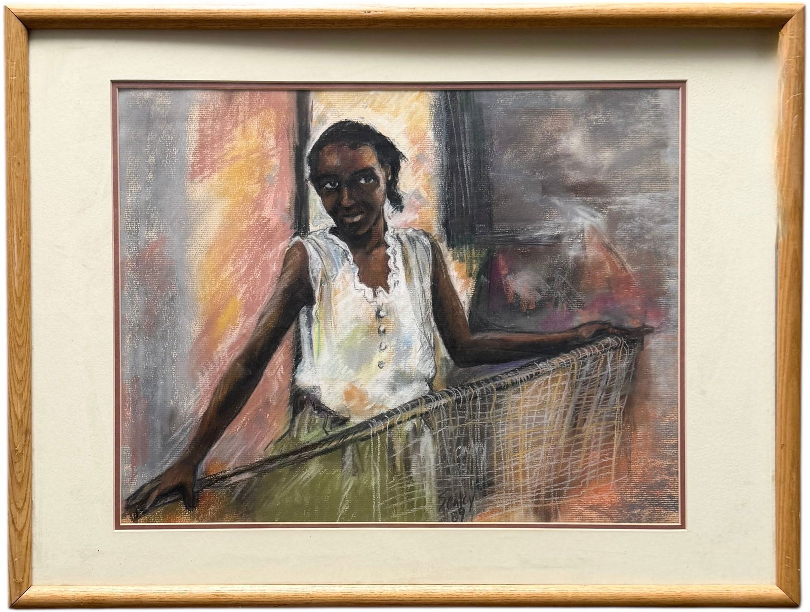 Vintage American Southern School Black Art Woman Portrait Signed Pastel (1 of 3)
