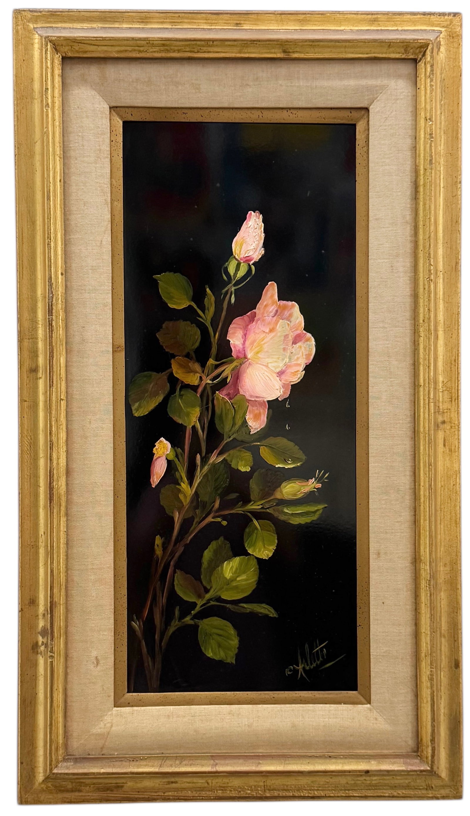 Early 20th Century American School Still Life Of Roses Signed: Oil on panel 10 x 24 in, 18 x 24 in (framed). Domestic Flat Shipping Price: $80