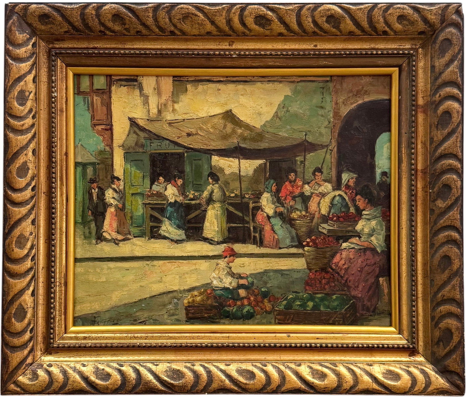 Early 20th c European School Street Scene With Figures Illegible Signature: Oil on canvas 20 x 16 in, 26 x 22 in. (framed) Domestic Flat Shipping Price: $80