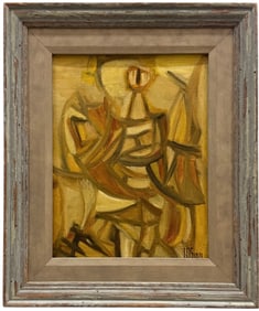 Mid-Century American School Cubist Abstract Oil On Canvas Painting Monogrammed 1971