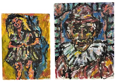 Pair Of Mid-Century Modern 1950's American Abstracts Oil Paintings On Masonite Signed
