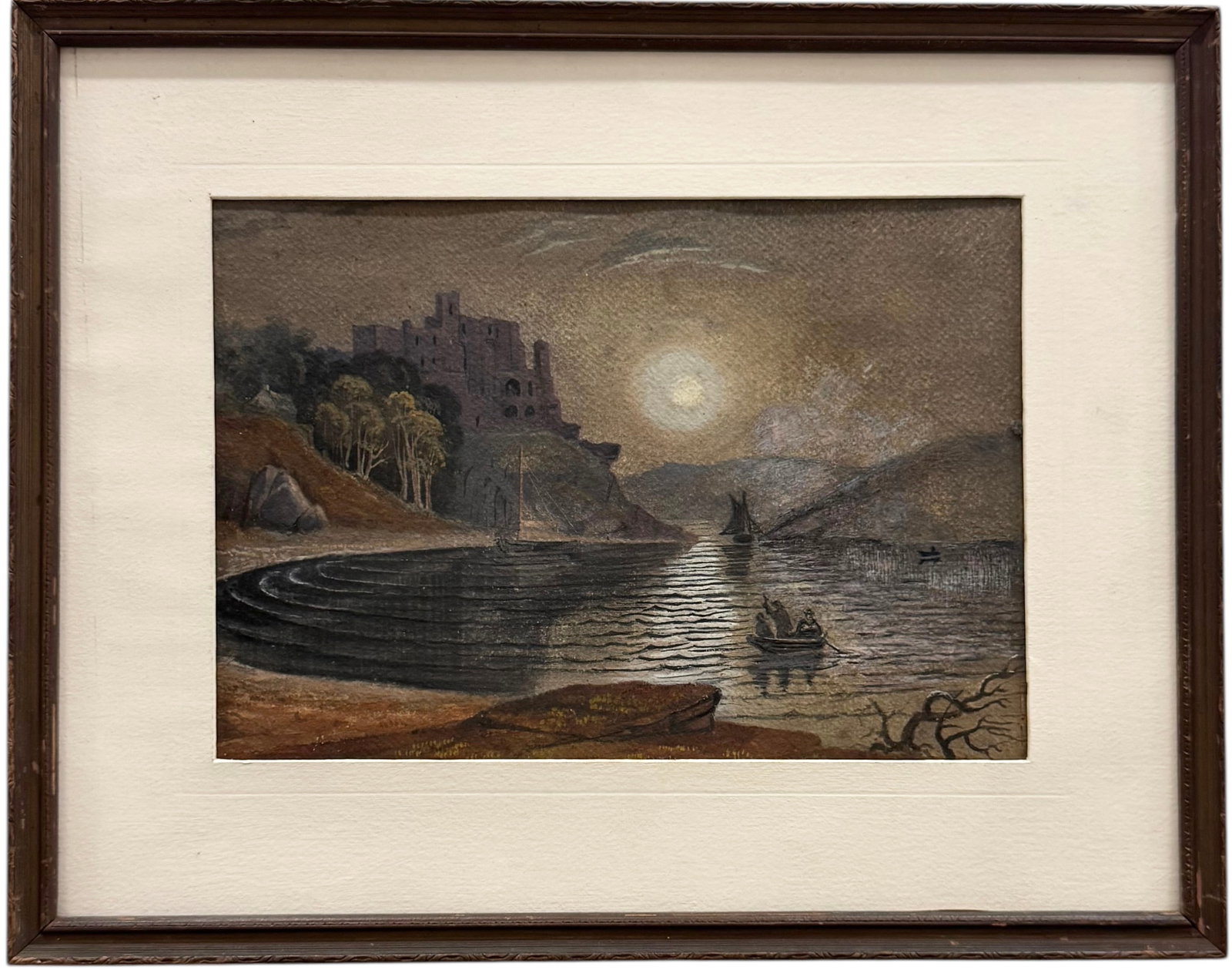19th Century European School Moonlit Landscape Watercolor With Castle: Watercolor on paper 19 x 15 in (framed). Domestic Flat Shipping Price: $55