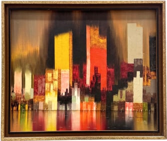Mid-Century Modern American School Cityscape Abstract Oil Painting