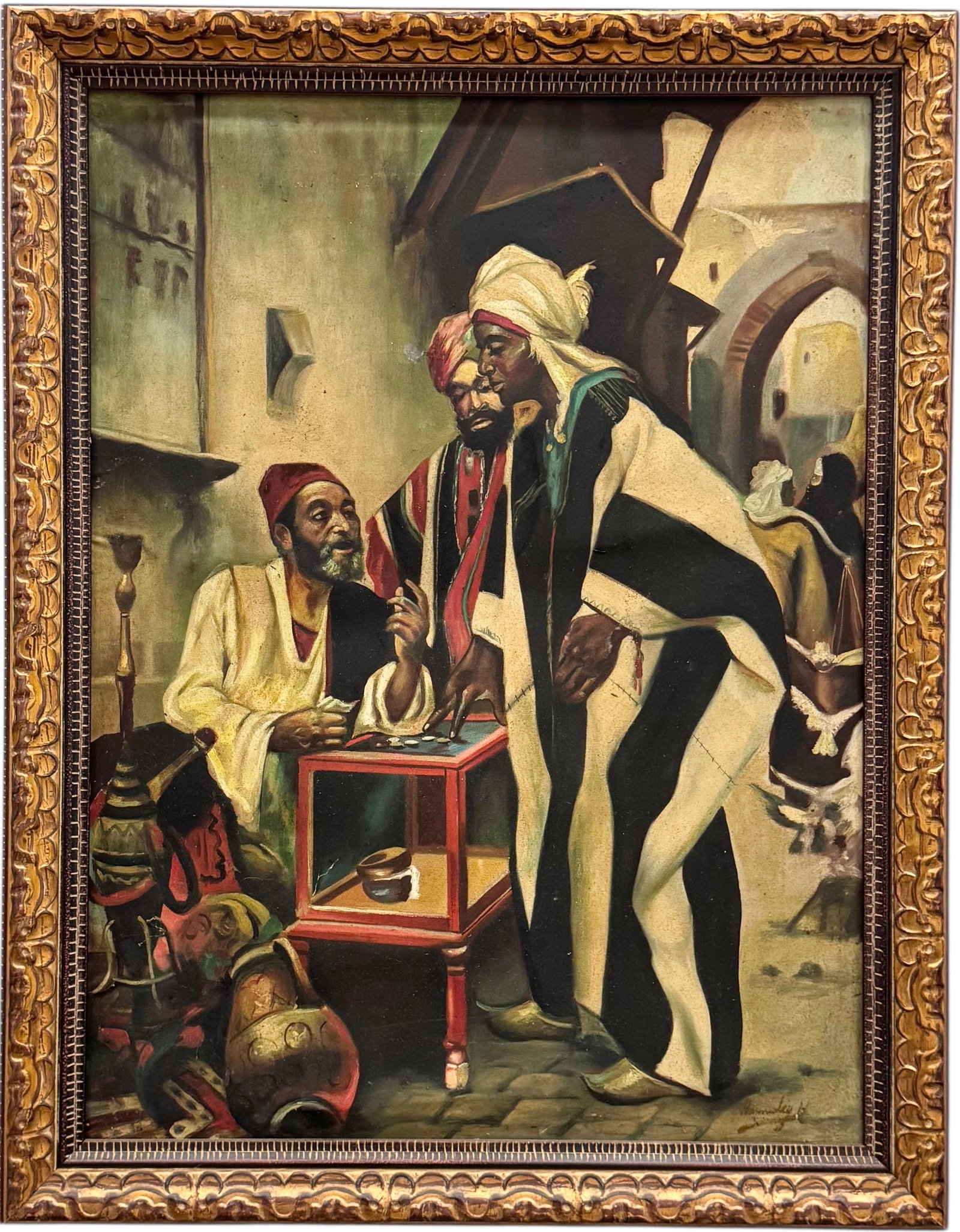 Vintage Orientalist Genre Street Scene Oil Painting On Canvas: Oil on canvas 32 x 24 in, 36 x 28 in (framed). Domestic Flat Shipping Price: $110