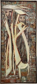 Russian School Modernist Abstract With Figures Oil Painting Heavy Impasto