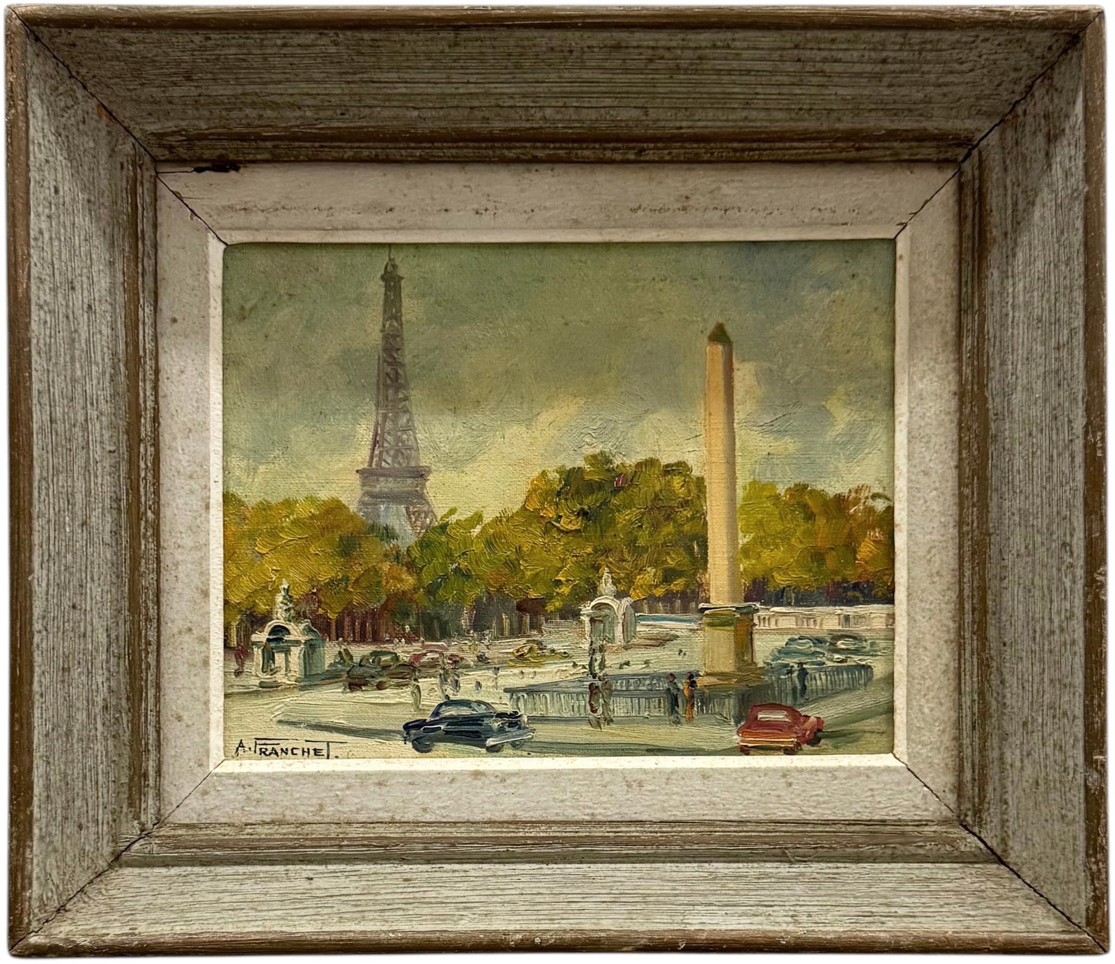 ANDRE FRANCHET (1896-1961, French) Paris Scene: Oil on canvas 9.5 x 7.5 in, 13.5 x 11.5 in (framed). Domestic Flat Shipping Price: $45