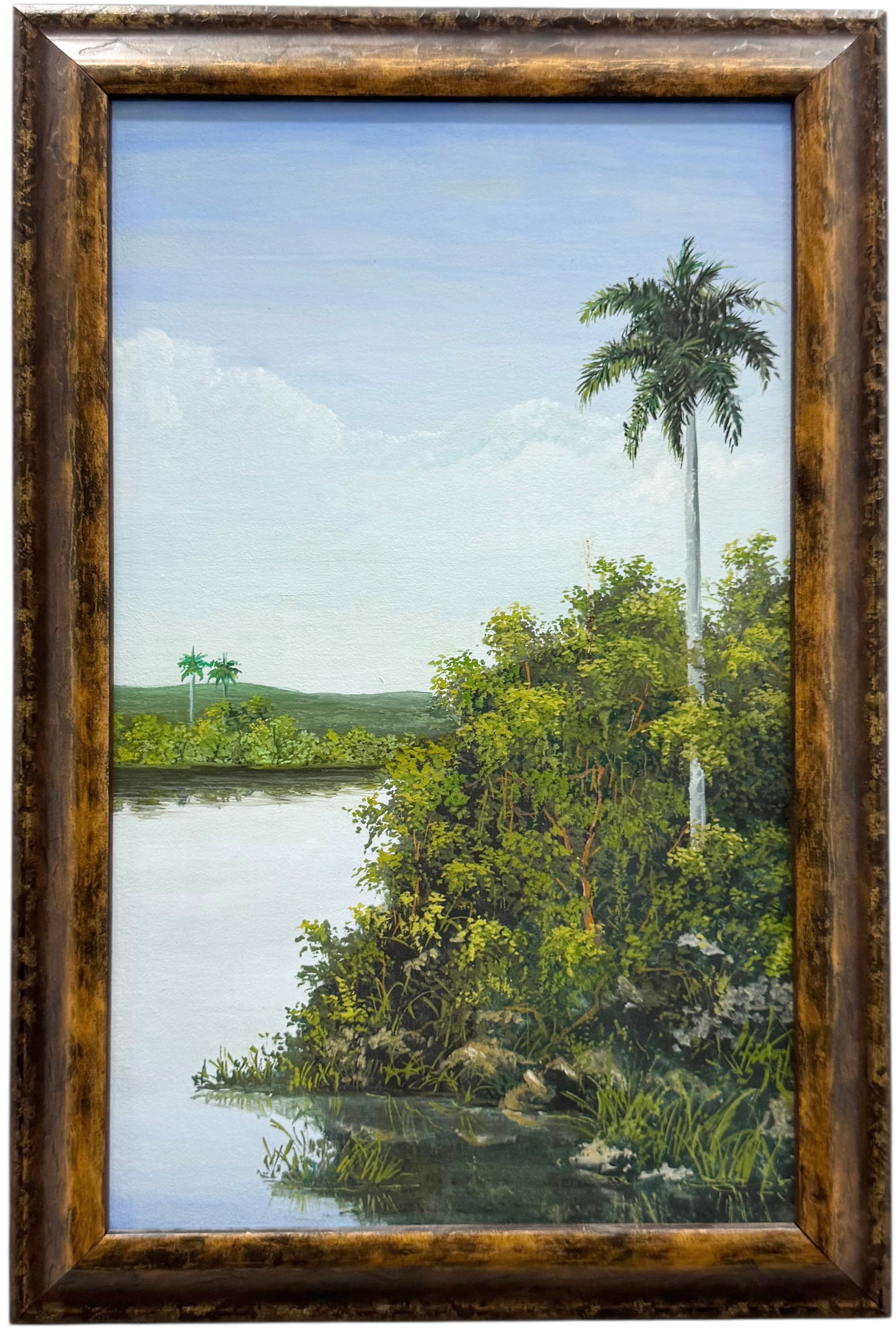 Cuban School, Tropical River Landscape Oil On Canvas Painting: Oil on canvas 19.5 x 13 in. Domestic Flat Shipping Price: $45