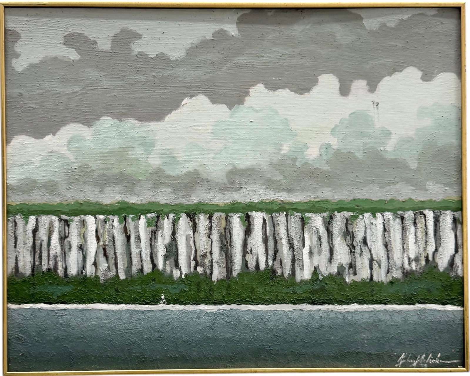 Vintage 1970's American Modernist Landscape With Fence Oil Painting Signed Illegibly: Oil on board 24 x 30 in. Domestic Flat Shipping Price: $80