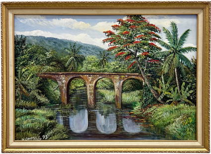 WEBSTER CAMPBELL (20th c, Jamaica) Landscape, Known Jamaican Artist: Oil on canvas 27.5 x 19 in, 31 x 22.5 in (framed). Domestic Flat Shipping Price: $90