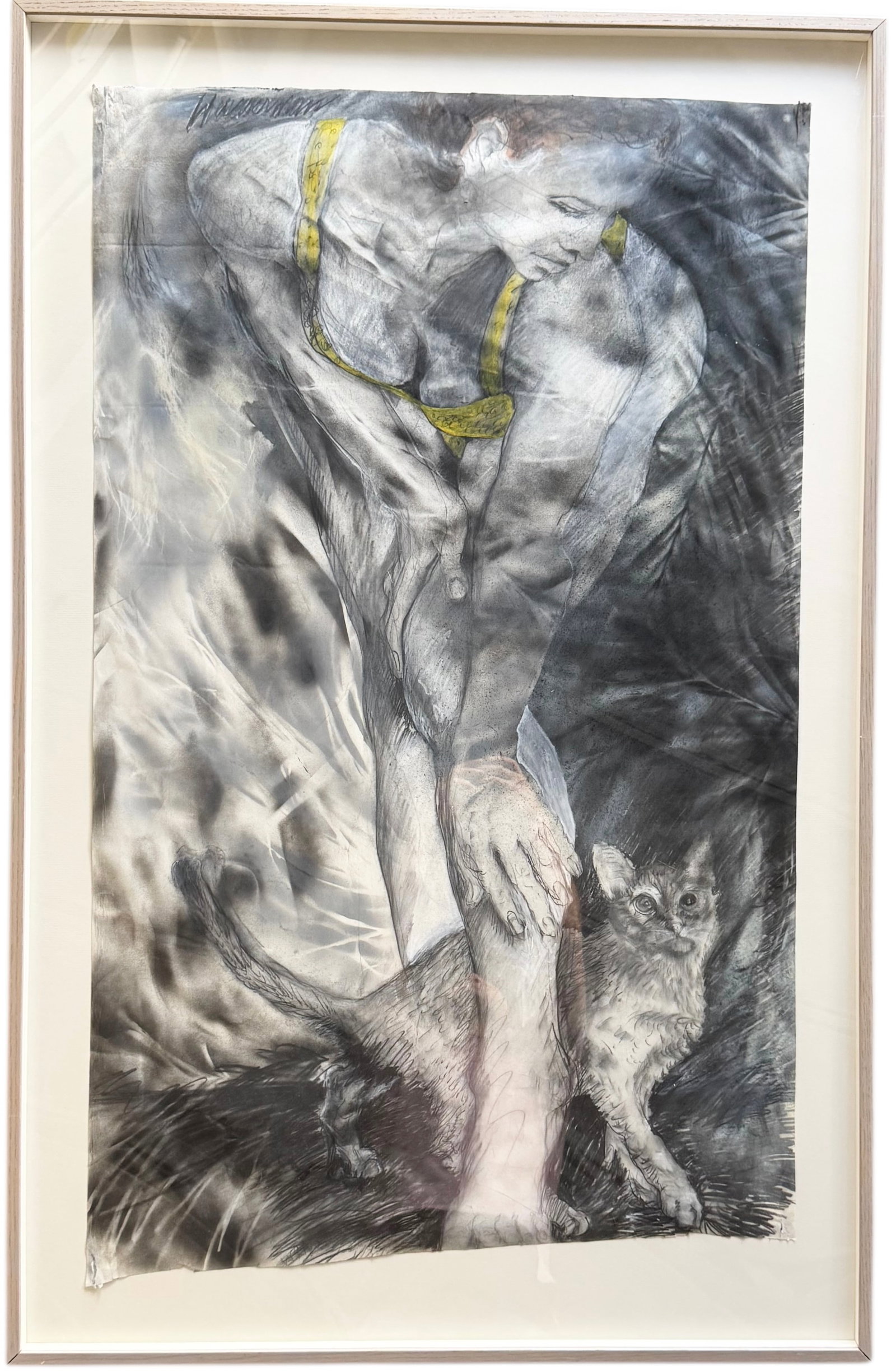 Monumental American School Pastel Of A Woman Signed Wasserman: Size 48 x 30 in, 56.5 x 36 in (framed). Domestic Flat Shipping Price: $260