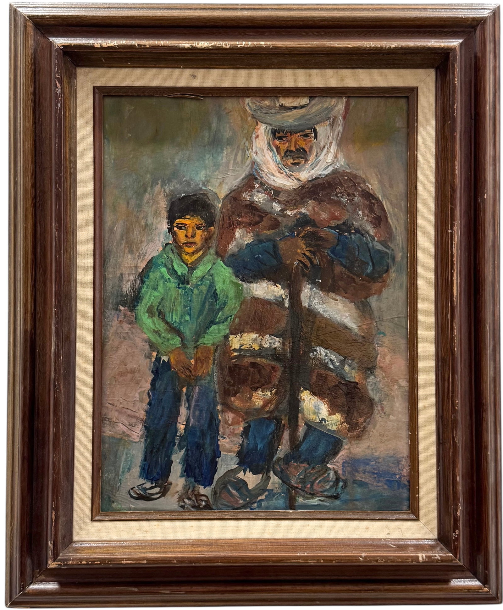 Turkish School Modernist Genre Painting On Board Of Figures Unsigned: Comes from a Turkish collector. Oil on board 16 x 12 in, 23 x 19 in (framed). Domestic Flat Shipping Price: $70