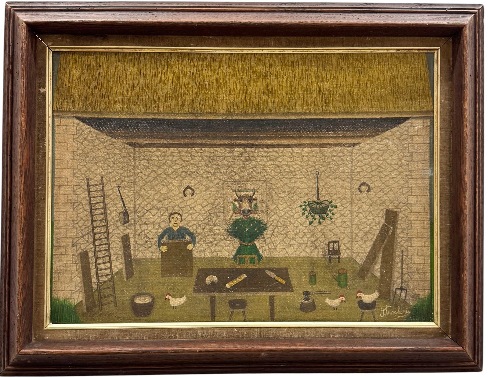 Julien Trocherie, Primitive French School Oil Painting: Oil on canvas 22 x 17 in (framed). Domestic Flat Shipping Price: $55