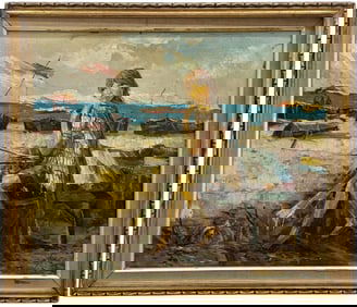 Vintage American School Modernist Beach Scene Signed Oil Painting