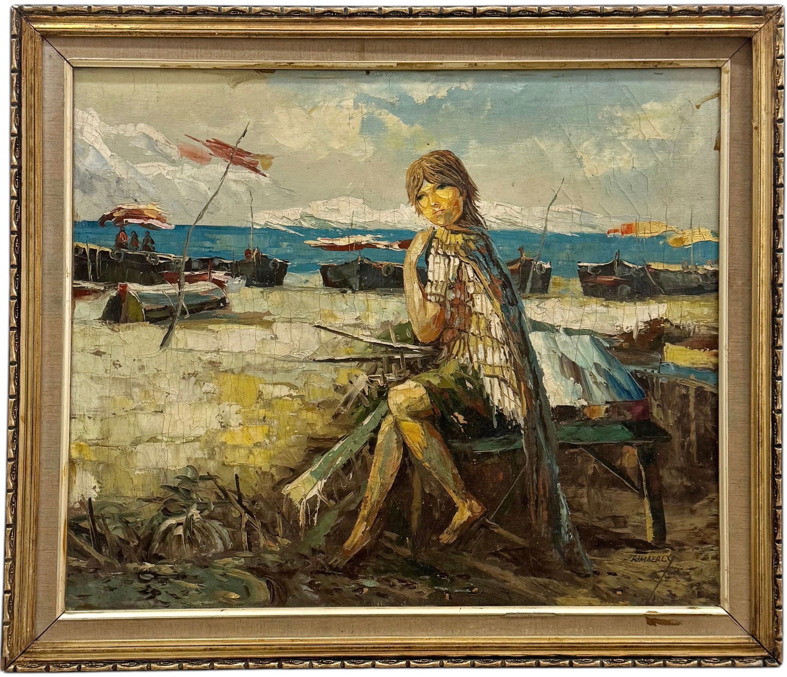 Vintage American School Modernist Beach Scene Signed Oil Painting (1 of 5)