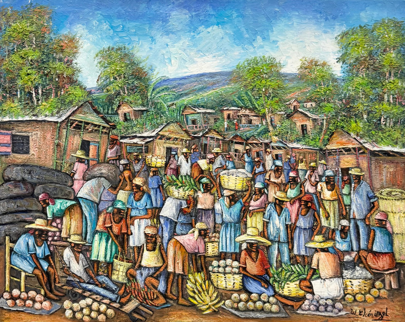 WILNER CHERIZOL (b. 1959, Haitian) Village Scene Signed Oil Painting: Oil on canvas 24 x 30 in. Domestic Flat Shipping Price: $80