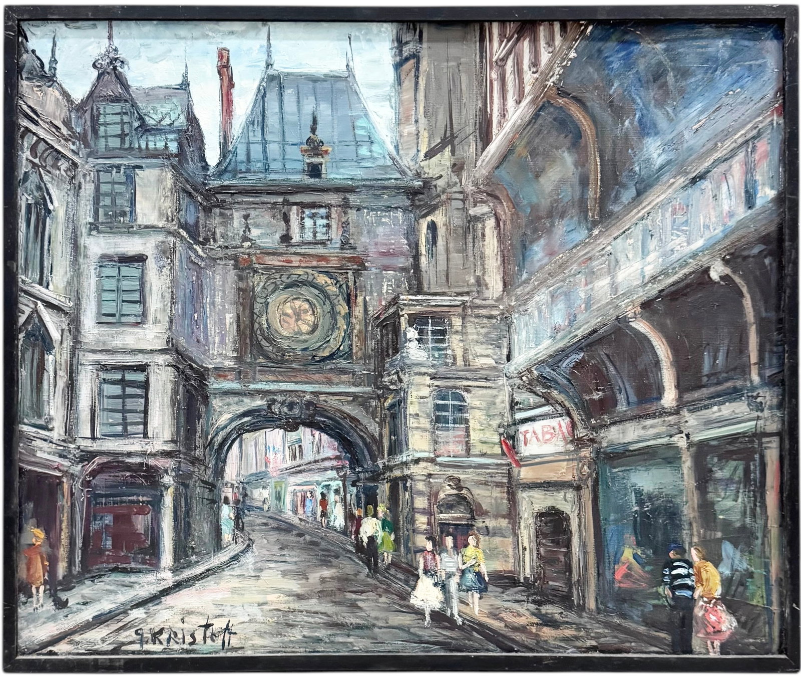 PETER KRISTOFF (20th c, French) City Street Scene With Figures: Oil on canvas 25.5 x 21.5 in. Domestic Flat Shipping Price: $70