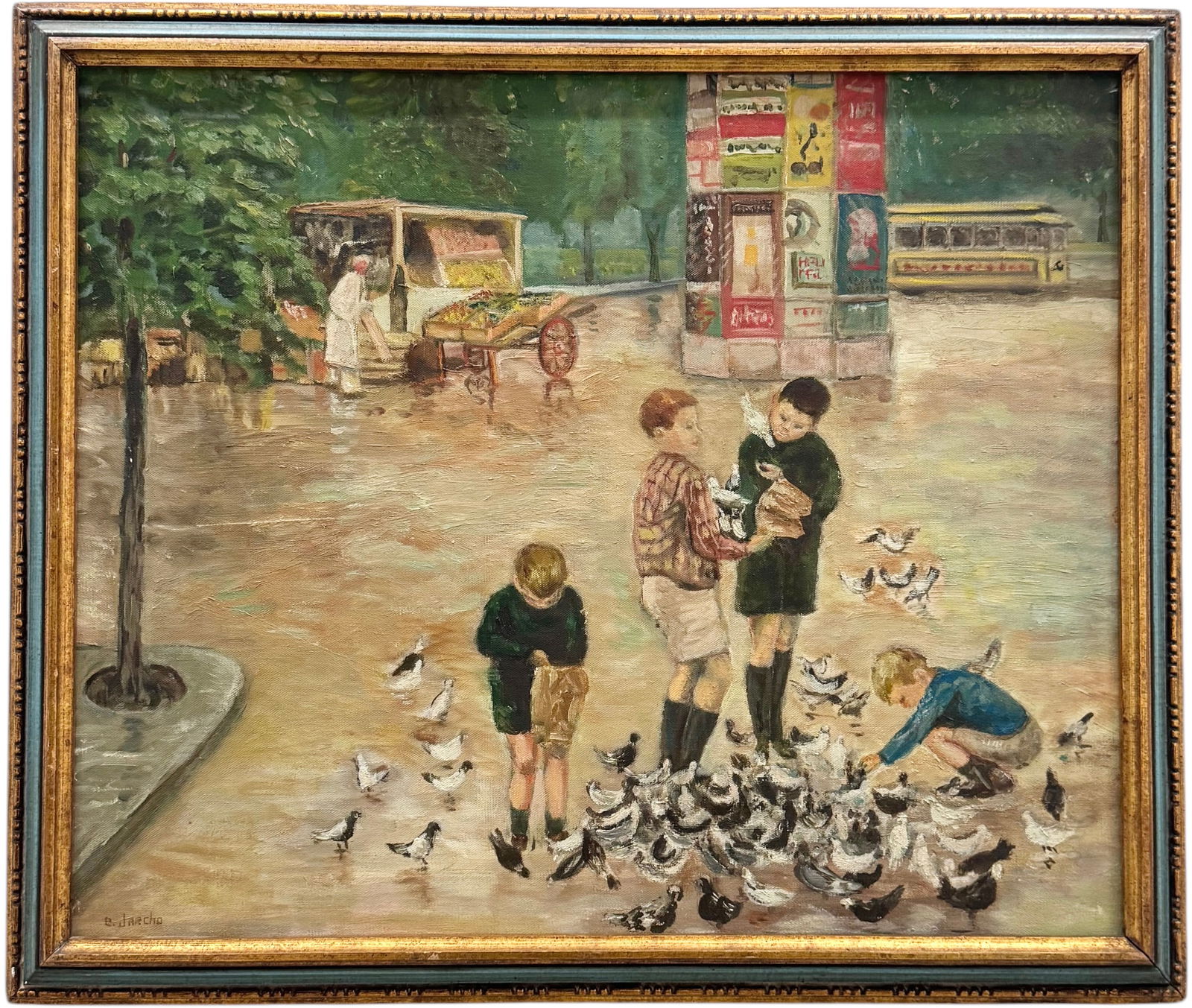 Vintage American School Park Scene Signed Oil On Canvas Painting (1 of 4)