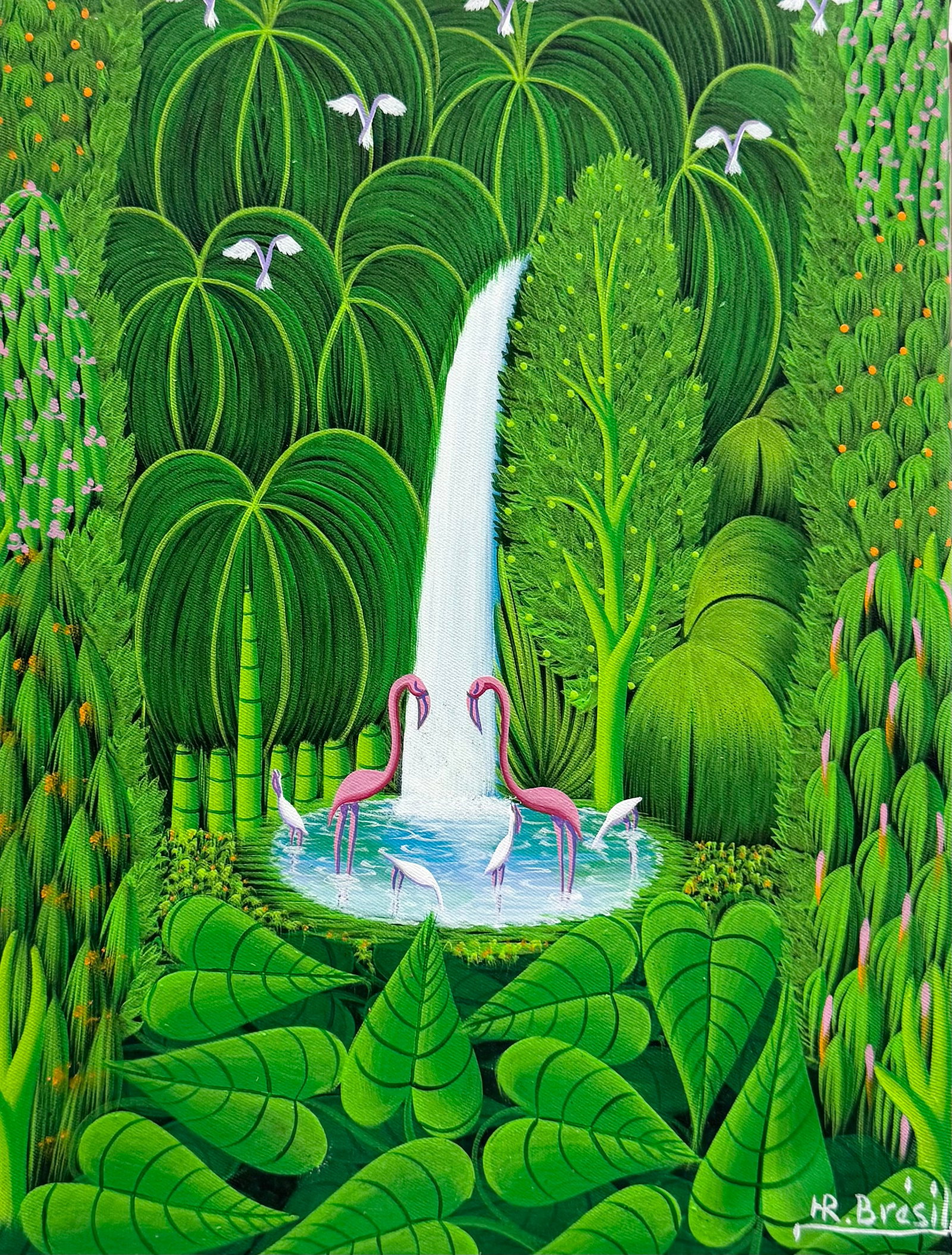 HENRI ROBERT BRESIL (1952-1999, Haitian) Flamingos In Landscape With Waterfall: Oil on canvas 16 x 12 in. Domestic Flat Shipping Price:$45