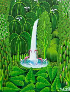 HENRI ROBERT BRESIL (1952-1999, Haitian) Flamingos In Landscape With Waterfall: Oil on canvas 16 x 12 in. Domestic Flat Shipping