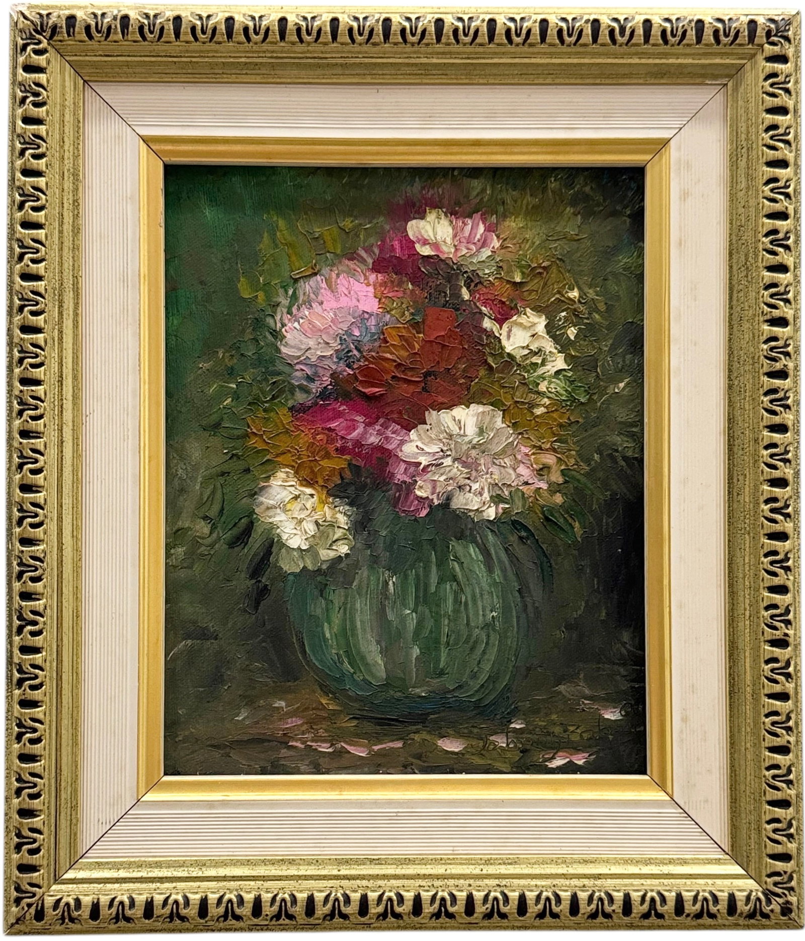 JOHNY BABOUN (20th c, Haitian) "Bouquet" Impressionist Still LIfe: Oil on canvas 14 x 12 in (framed). Domestic Flat Shipping Price: $45