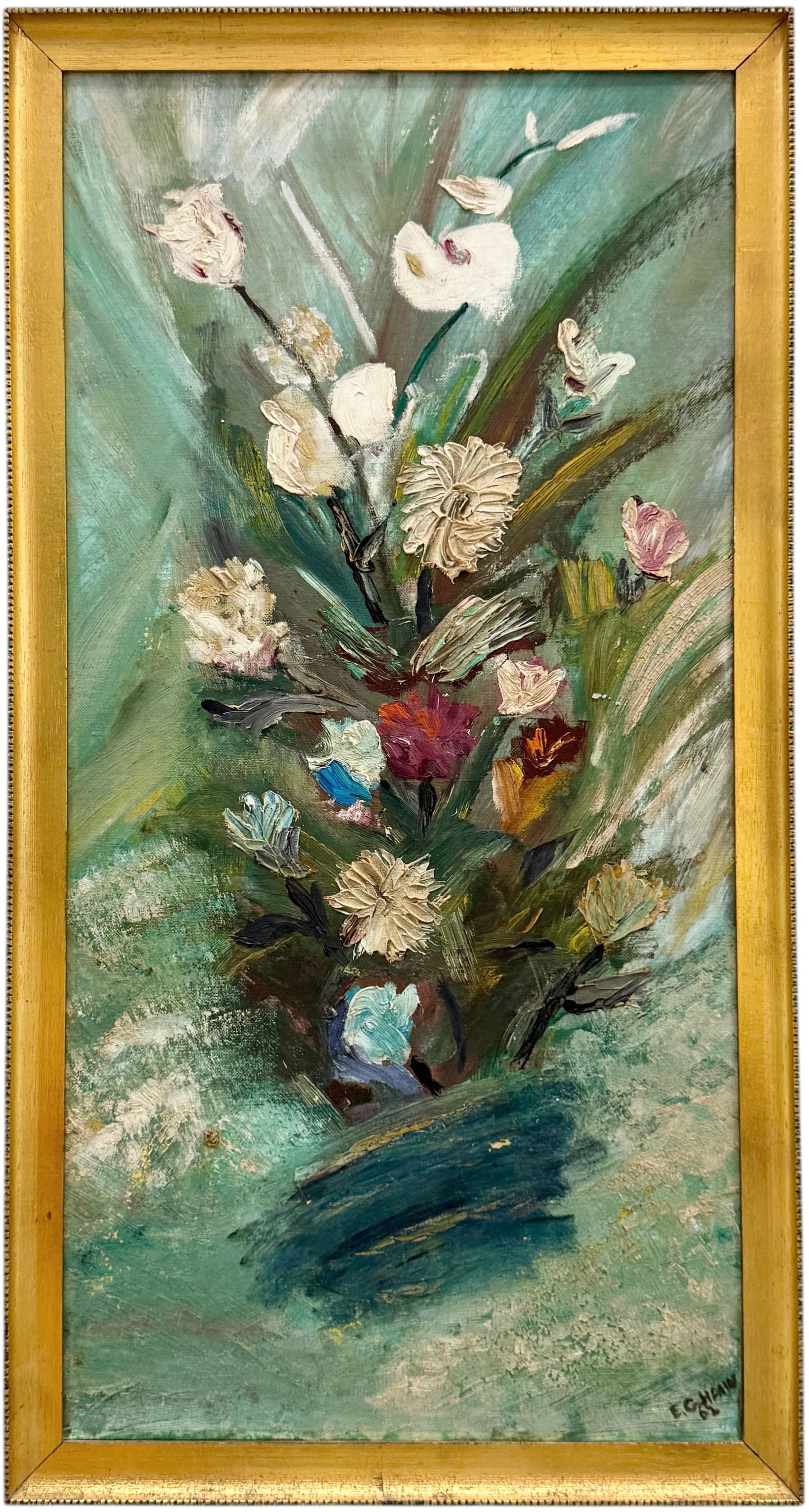 1960's Mid-Century Modern Still Life Of Flowers Heavy Impasto Signed Oil Painting: Oil on board 25.5 x 13.5 in (framed). Domestic Flat Shipping Price: $55