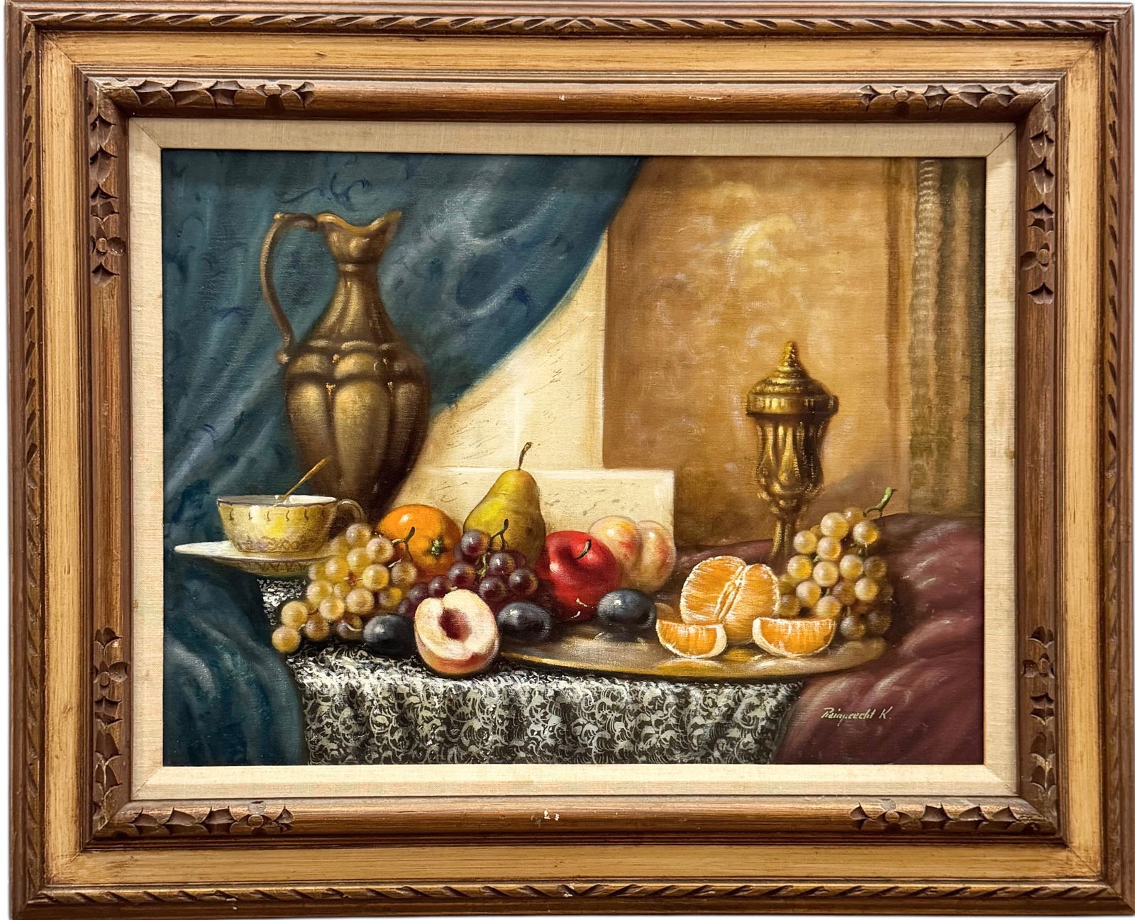 JOHAN K. REINPECHT (b. 1903, Hungarian) Still Life With Fruit & Tea Cup: Oil painting on canvas 24 x 18 in, 32 x 26 in (framed). Domestic Flat Shipping Price: $90