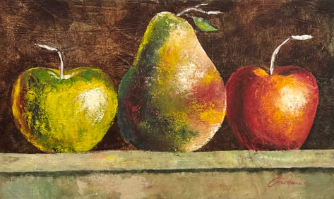 Large Modernist Still Life Of Apples Oil Painting On Canvas Heavy Impasto Signed 50"