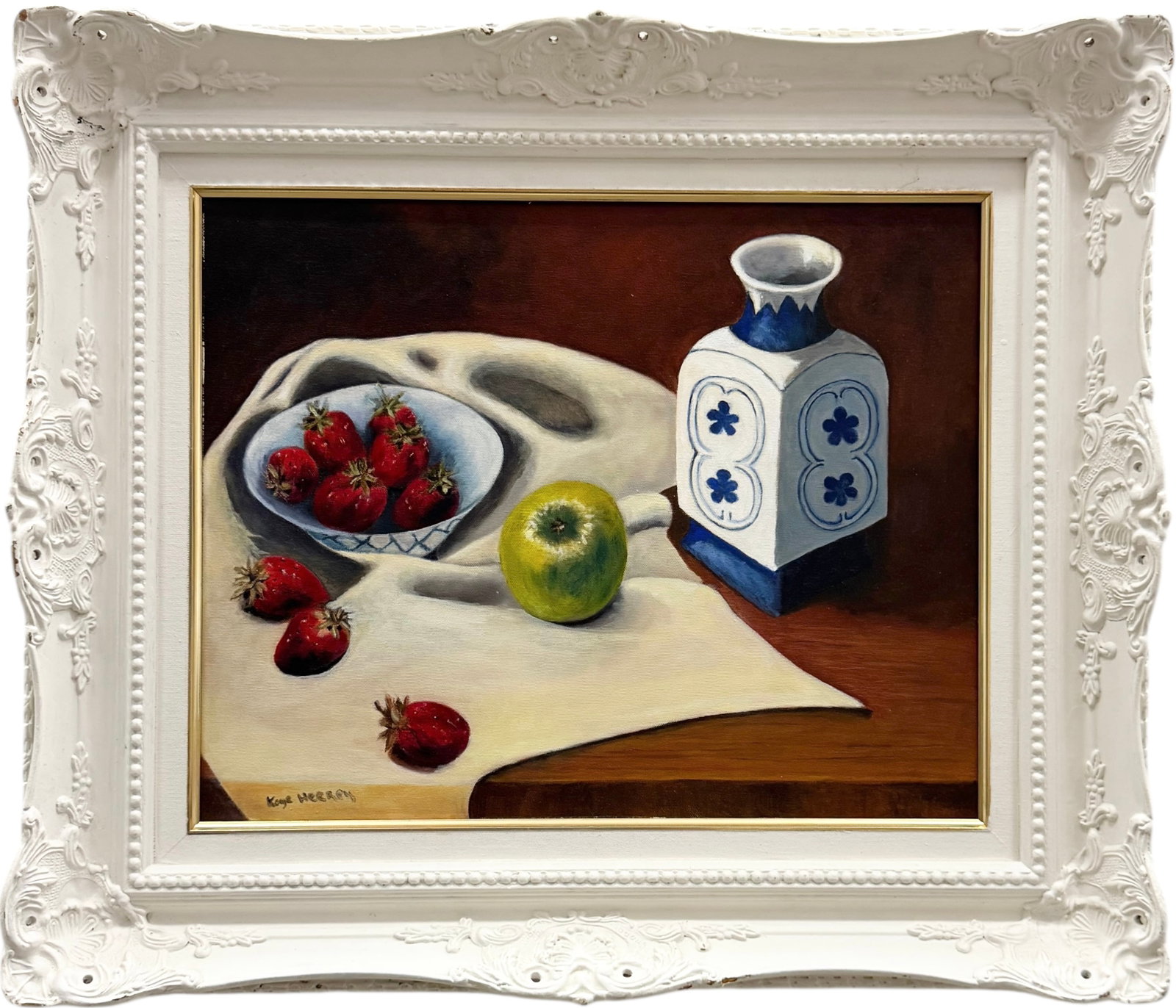 Vintage American School Kitchen Still Life In Painted White Frame: Oil on canvas 20 x 16 in, 28 x 24 in (framed). Domestic Flat Shipping Price: $80