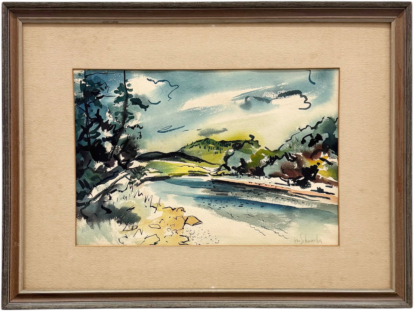 GEORGE SCHWACHA JR (1908-1986, American) Watercolor: 20 x 13 in, 30 x 23 in (framed). Domestic Flat Shipping Price: $70.