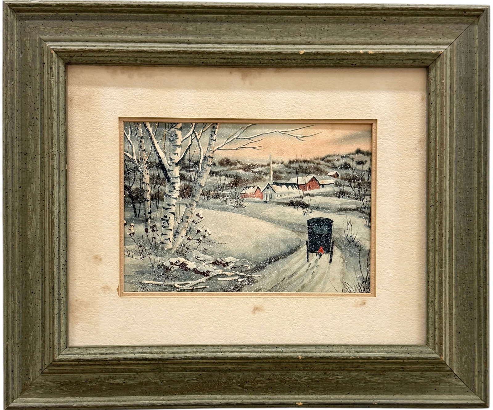 ETHEL GURNEY CARPENTER (1917-2005, American) Winter Scene: Watercolor 9.5 x 6.5 in, 18.5 x 15 in (framed). She was born in Mianus, CT and lived in Wyckoff, Brick and Ft. Myers before moving to Naples 3 years ago.Ethel was a well known Artist who was listed in