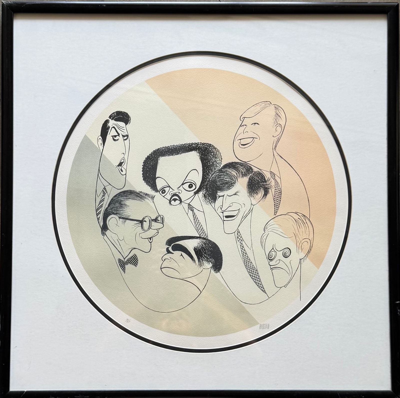 Al Hirschfeld, Democratic National Convention Pencil Signed Lithograph: Size 18 1/4 in (Diameter image)27 x 27 in (framed). Domestic Flat Shipping Price: $110